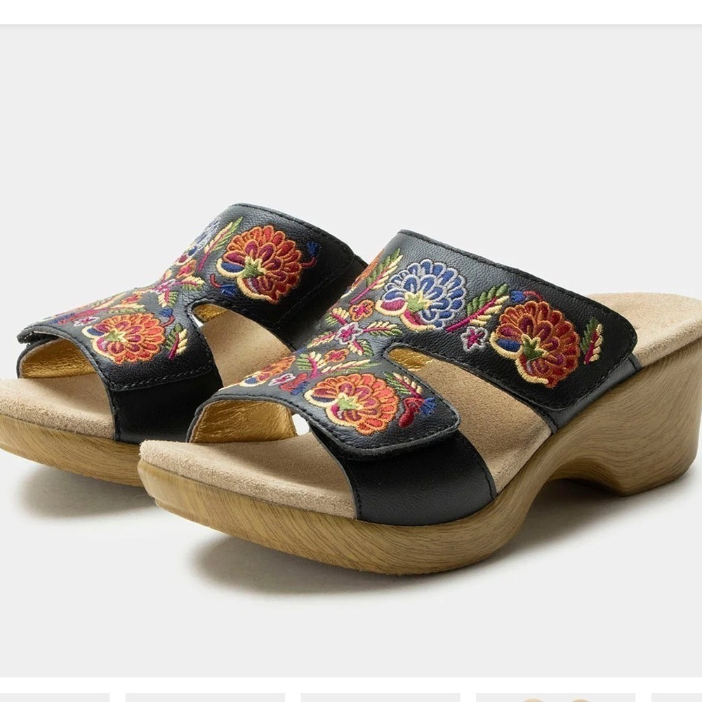Alegria Black Leather Slide Sandals with Multicolor Floral Embroidery Size 41